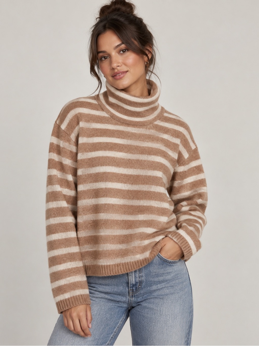 100% Cashmere Striped Mock Neck Sweater